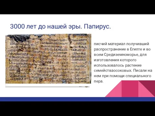 3000 лет до нашей эры. Папирус. писчий материал получивший распространение в