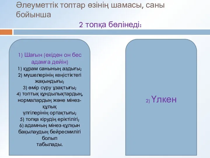 Әлеуметтік топтар өзінің шамасы, саны бойынша 2 топқа бөлінеді: 1) Шағын