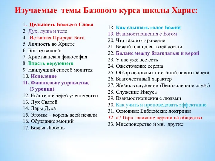 Изучаемые темы Базового курса школы Харис: 1. Цельность Божьего Слова 2.