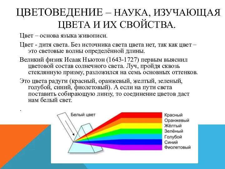 ЦВЕТОВЕДЕНИЕ – НАУКА, ИЗУЧАЮЩАЯ ЦВЕТА И ИХ СВОЙСТВА. Цвет – основа