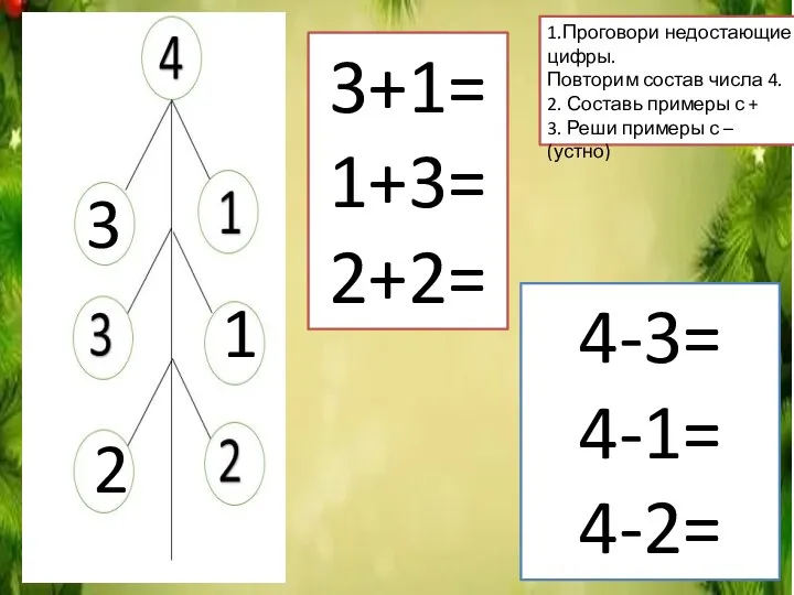 3 1 2 3+1= 1+3= 2+2= 4-3= 4-1= 4-2= 1.Проговори недостающие