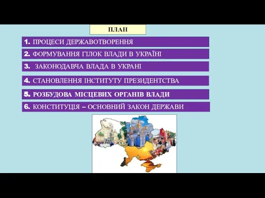 ПЛАН 1. ПРОЦЕСИ ДЕРЖАВОТВОРЕННЯ 2. ФОРМУВАННЯ ГІЛОК ВЛАДИ В УКРАЇНІ 4.