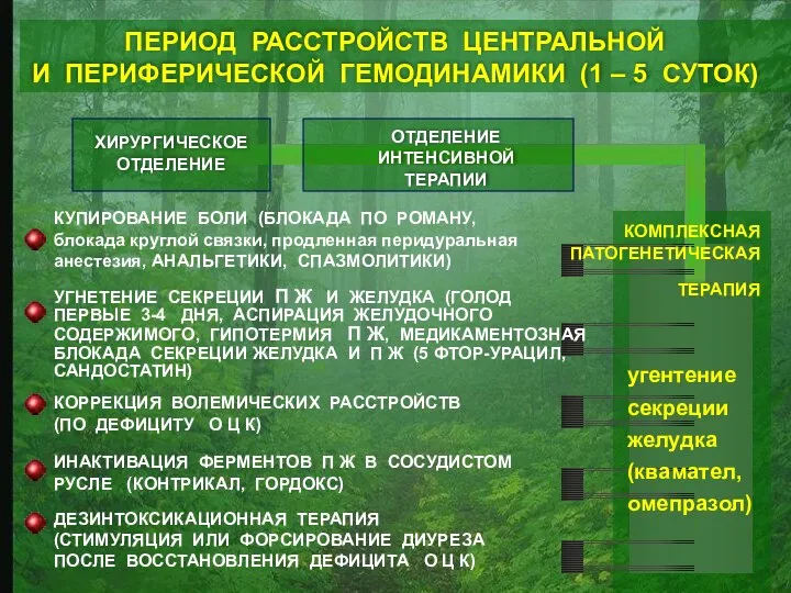 ХИРУРГИЧЕСКОЕ ОТДЕЛЕНИЕ ОТДЕЛЕНИЕ ИНТЕНСИВНОЙ ТЕРАПИИ угентение секреции желудка (квамател, омепразол) ПЕРИОД