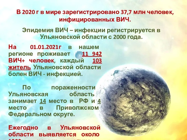 В 2020 г в мире зарегистрировано 37,7 млн человек, инфицированных ВИЧ.