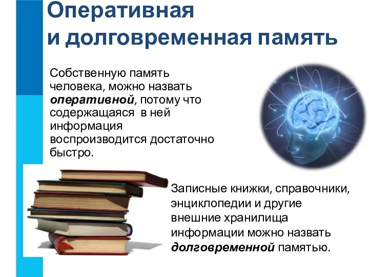 Оперативная и долговременная память Собственную память человека, можно назвать оперативной, потому