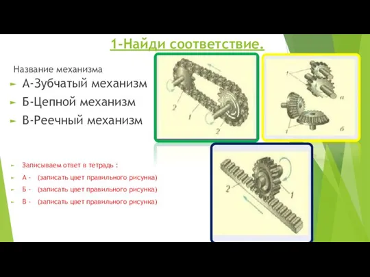 1-Найди соответствие. Название механизма А-Зубчатый механизм Б-Цепной механизм В-Реечный механизм Записываем