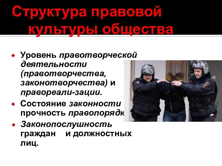 Структура правовой культуры общества Уровень правотворческой деятельности (правотворчества, законотворчества) и правореали-зации.