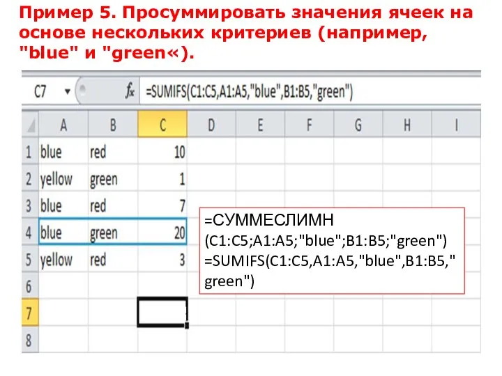 Пример 5. Просуммировать значения ячеек на основе нескольких критериев (например, "blue" и "green«). =СУММЕСЛИМН(C1:C5;A1:A5;"blue";B1:B5;"green") =SUMIFS(C1:C5,A1:A5,"blue",B1:B5,"green")