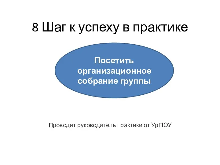 8 Шаг к успеху в практике Проводит руководитель практики от УрГЮУ Посетить организационное собрание группы