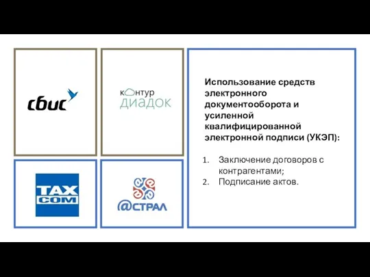 Использование средств электронного документооборота и усиленной квалифицированной электронной подписи (УКЭП): Заключение договоров с контрагентами; Подписание актов.