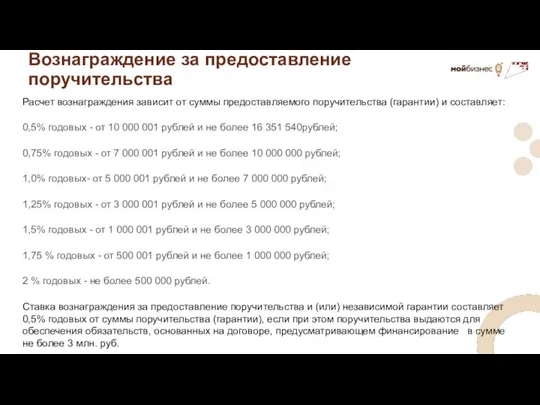 Вознаграждение за предоставление поручительства Расчет вознаграждения зависит от суммы предоставляемого поручительства