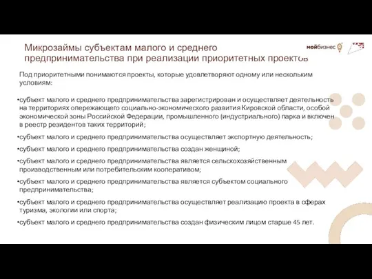 Микрозаймы субъектам малого и среднего предпринимательства при реализации приоритетных проектов Под