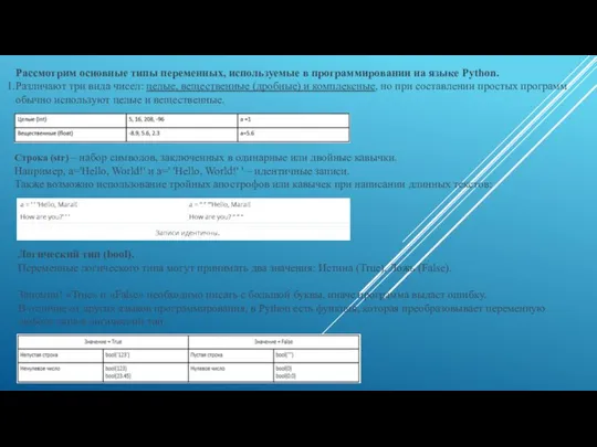 Рассмотрим основные типы переменных, используемые в программировании на языке Python. Различают