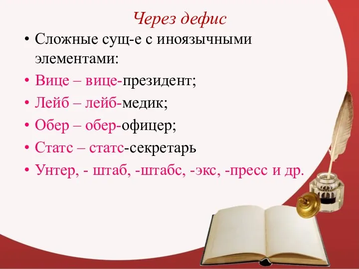 Через дефис Сложные сущ-е с иноязычными элементами: Вице – вице-президент; Лейб