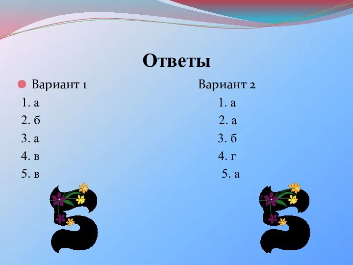 Ответы Вариант 1 Вариант 2 1. а 1. а 2. б