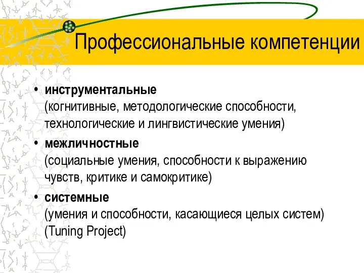 Профессиональные компетенции инструментальные (когнитивные, методологические способности, технологические и лингвистические умения) межличностные