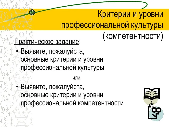 Критерии и уровни профессиональной культуры (компетентности) Практическое задание: Выявите, пожалуйста, основные