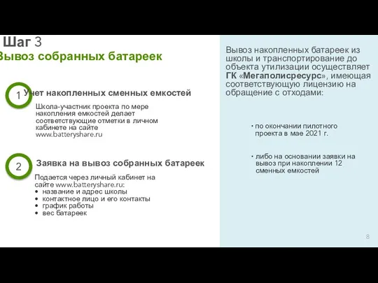 Шаг 3 Вывоз собранных батареек 1 Школа-участник проекта по мере накопления