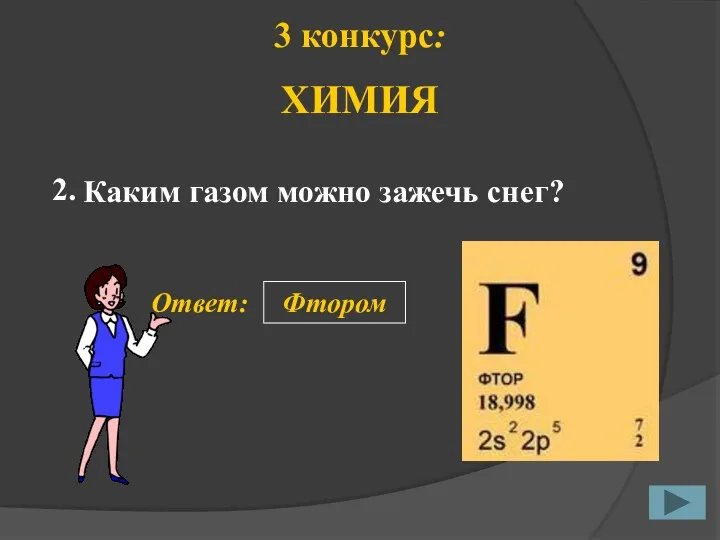 Каким газом можно зажечь снег? 2. Ответ: Фтором 3 конкурс: ХИМИЯ