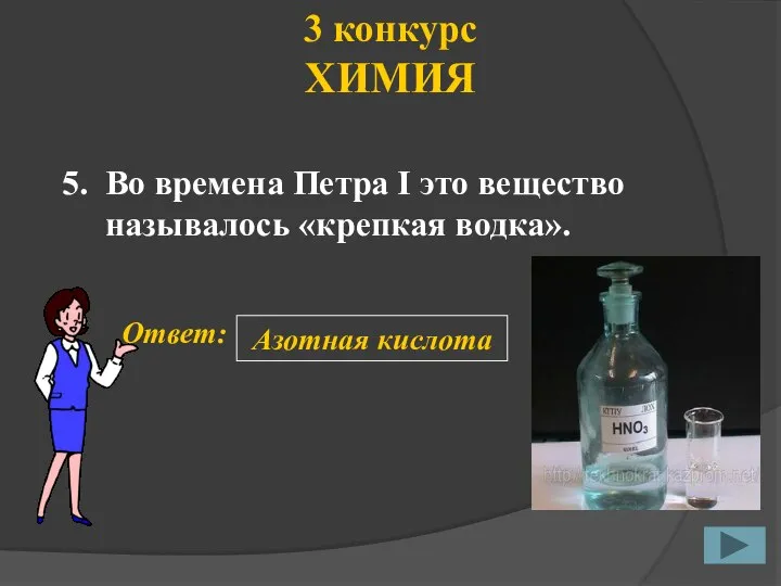 3 конкурс ХИМИЯ 5. Ответ: Азотная кислота Во времена Петра I это вещество называлось «крепкая водка».