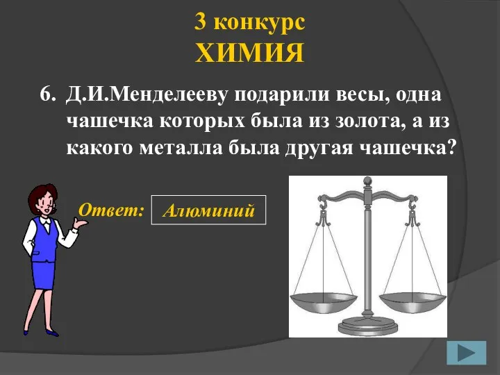 3 конкурс ХИМИЯ 6. Ответ: Алюминий Д.И.Менделееву подарили весы, одна чашечка