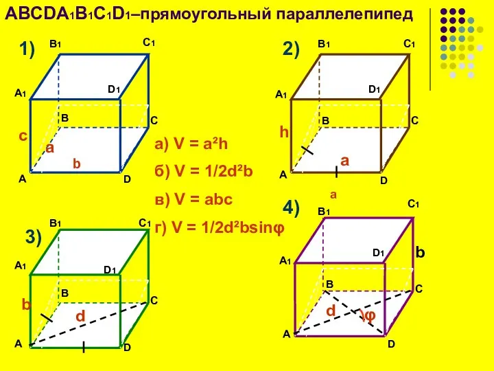 ABCDA1B1C1D1–прямоугольный параллелепипед а) V = a²h б) V = 1/2d²b в)