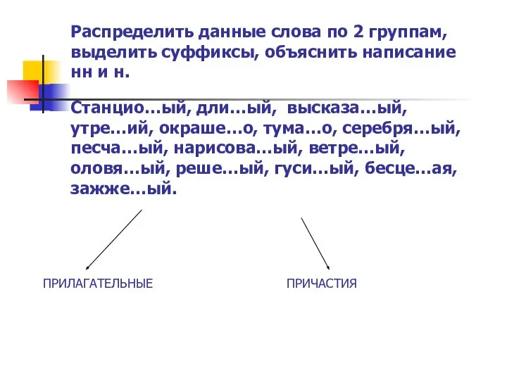 Распределить данные слова по 2 группам, выделить суффиксы, объяснить написание нн