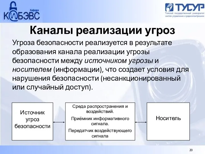 Каналы реализации угроз Угроза безопасности реализуется в результате образования канала реализации