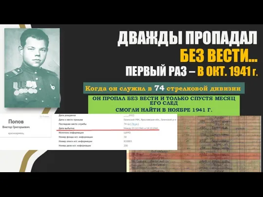 ДВАЖДЫ ПРОПАДАЛ БЕЗ ВЕСТИ... ПЕРВЫЙ РАЗ – В ОКТ. 1941 Г.