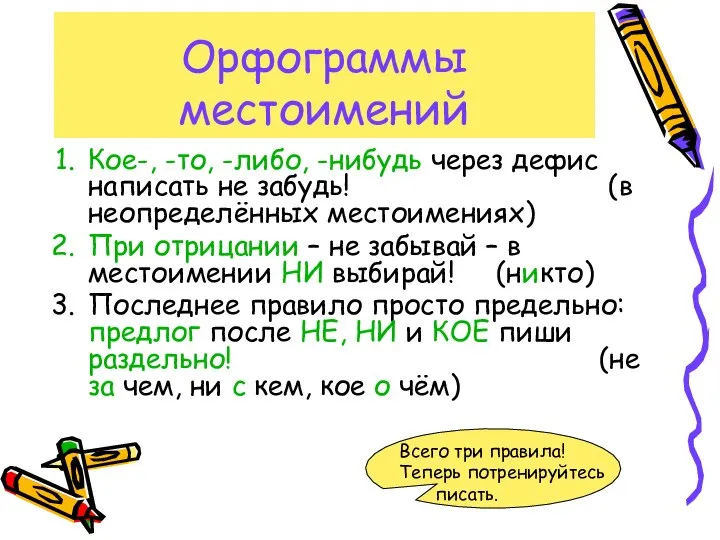 Орфограммы местоимений Кое-, -то, -либо, -нибудь через дефис написать не забудь!