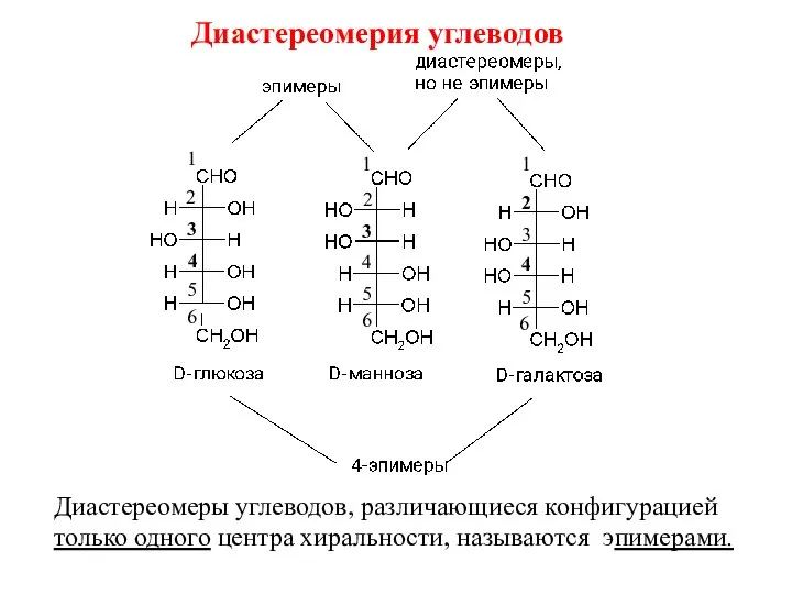 Диастереомерия углеводов Диастереомеры углеводов, различающиеся конфигурацией только одного центра хиральности, называются