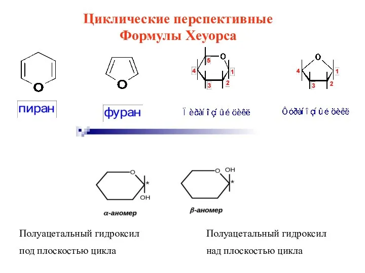 Циклические перспективные Формулы Хеуорса Полуацетальный гидроксил над плоскостью цикла Полуацетальный гидроксил под плоскостью цикла