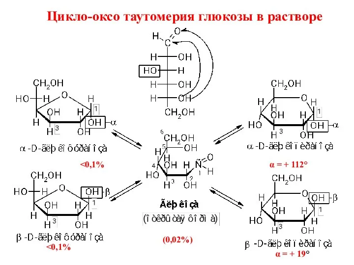 Цикло-оксо таутомерия глюкозы в растворе (0,02%) α = + 112° α = + 19°