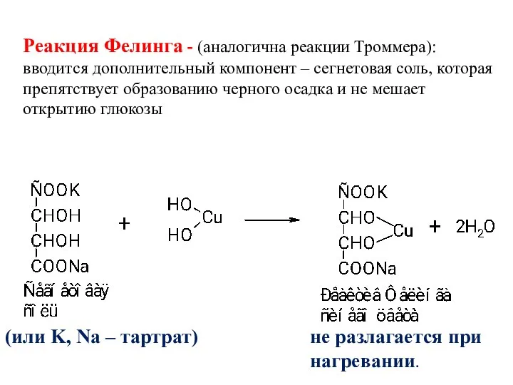 (или K, Na – тартрат) не разлагается при нагревании. Реакция Фелинга