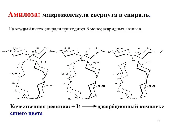 Амилоза: макромолекула свернута в спираль. На каждый виток спирали приходится 6