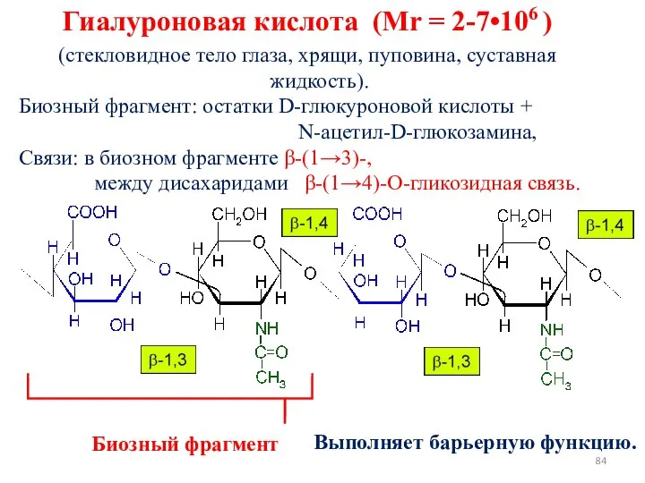 Гиалуроновая кислота (Mr = 2-7•106 ) (стекловидное тело глаза, хрящи, пуповина,