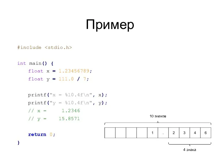 Пример #include int main() { float x = 1.23456789; float y