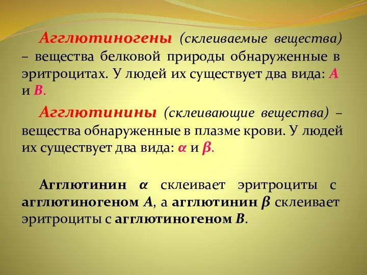 Агглютиногены (склеиваемые вещества) – вещества белковой природы обнаруженные в эритроцитах. У