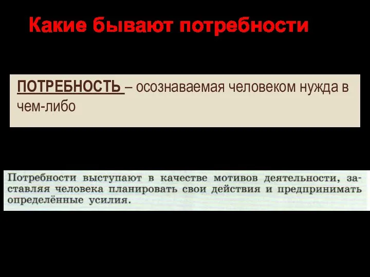 ПОТРЕБНОСТЬ – осознаваемая человеком нужда в чем-либо Какие бывают потребности