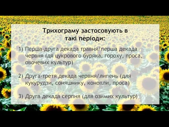 Перша-друга декада травня/перша декада червня (дя цукрового буряка, гороху, проса, овочевих