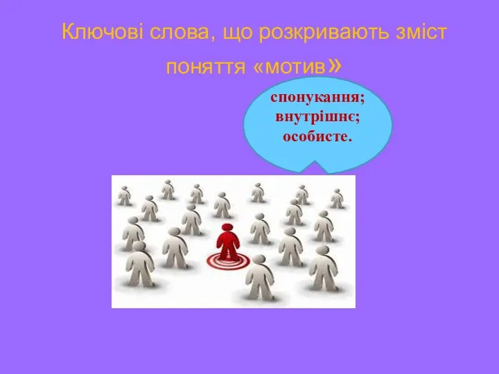 Ключові слова, що розкривають зміст поняття «мотив» спонукання; внутрішнє; особисте.