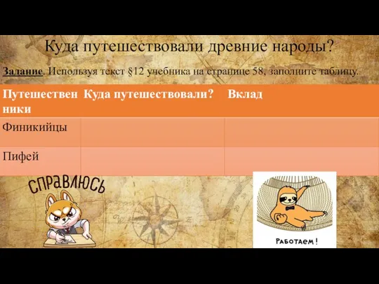 Куда путешествовали древние народы? Задание. Используя текст §12 учебника на странице 58, заполните таблицу.