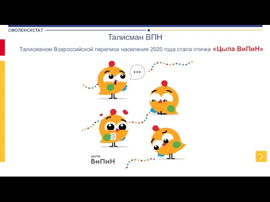 Талисман ВПН Талисманом Всероссийской переписи населения 2020 года стала птичка «Цыпа ВиПиН»