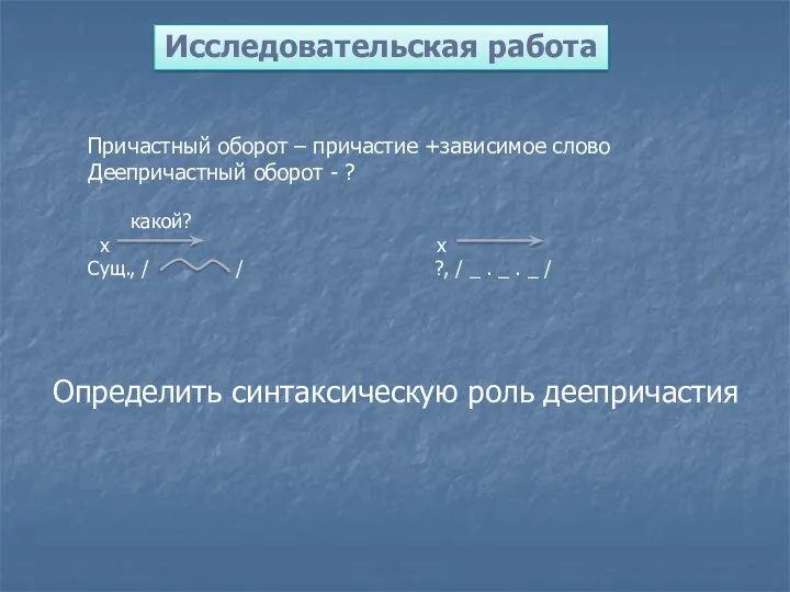 Исследовательская работа Причастный оборот – причастие +зависимое слово Деепричастный оборот -