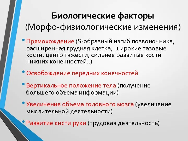 Биологические факторы (Морфо-физиологические изменения) Прямохождение (S-образный изгиб позвоночника, расширенная грудная клетка,