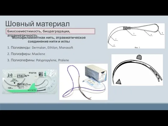 Шовный материал Монофиламентная нить, атравматическое соединение нити и иглы 1. Полиамиды: