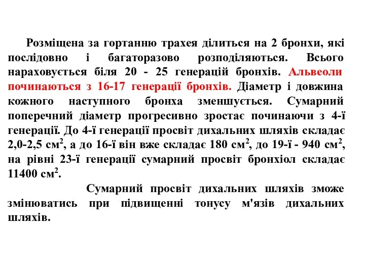 Розміщена за гортанню трахея ділиться на 2 бронхи, які послідовно і