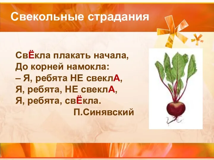 Свекольные страдания СвЁкла плакать начала, До корней намокла: – Я, ребята