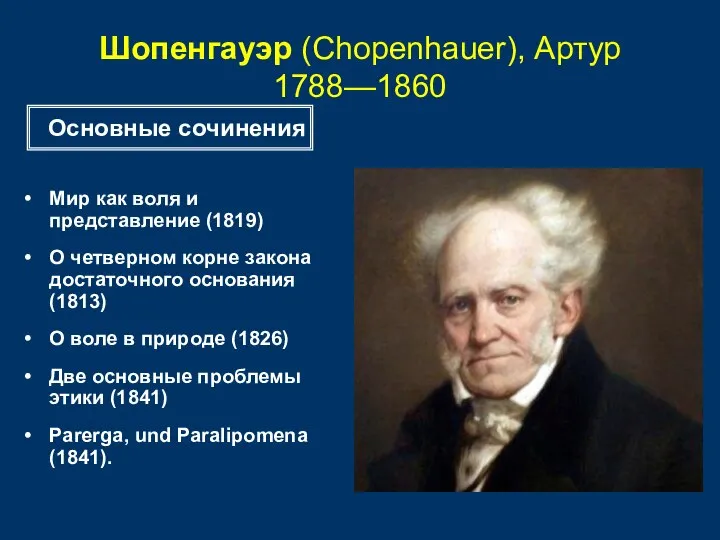 Шопенгауэр (Chopenhauer), Артур 1788—1860 Мир как воля и представление (1819) О