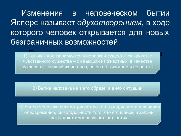 Изменения в человеческом бытии Ясперс называет одухотворением, в ходе которого человек